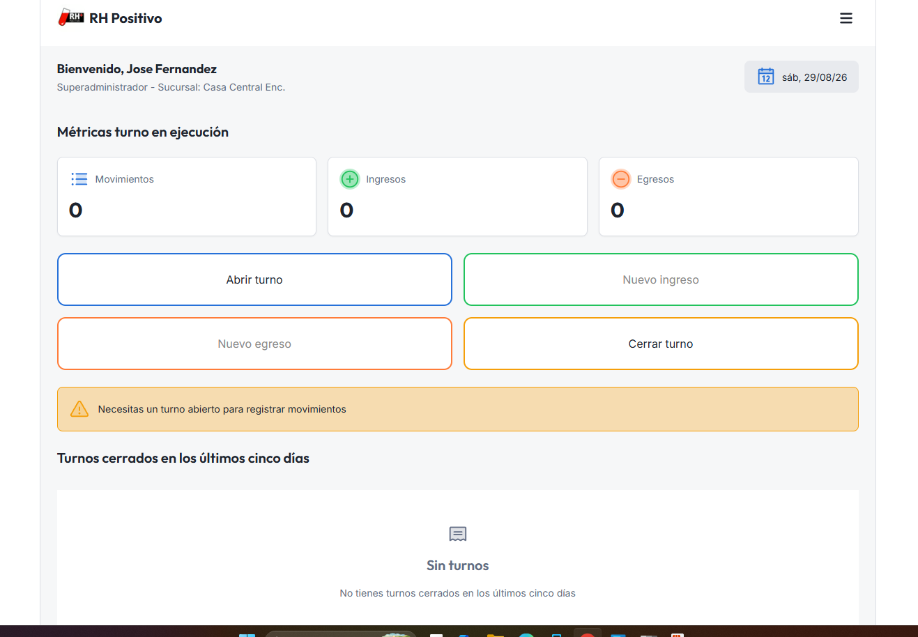 Captura de Gestión y arqueo de caja